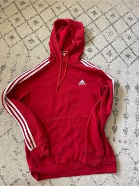 adidas Red Hoodie with White Sleeve Stripes